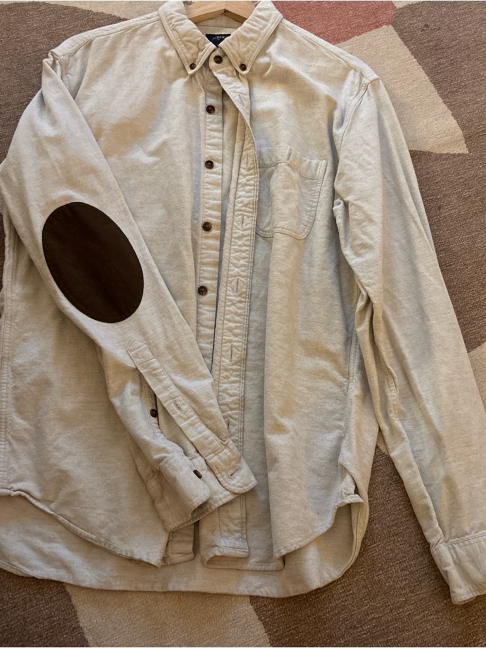 J. Crew 100% Cotton Button-Down Shirt with Brown Elbow Patches - Cream